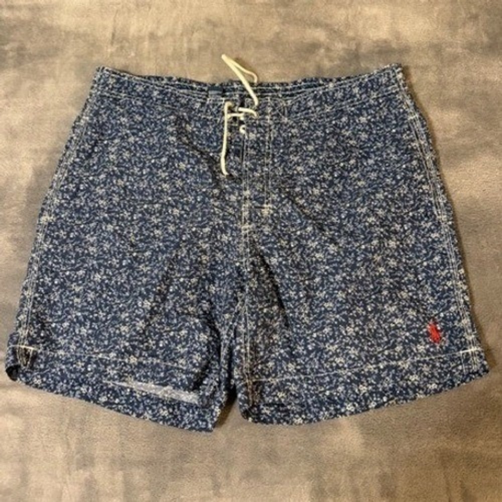 Polo Ralph Lauren Mens Floral Calico Swim Trunks Navy Blue Board Shorts Size XL